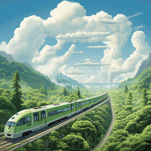 elevated green train cars cross high mountain passes under blue skies