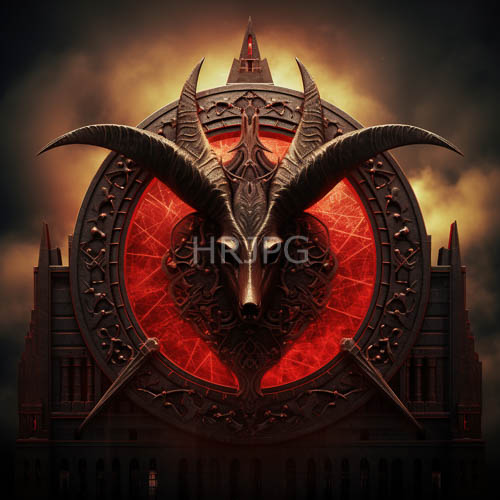 gothic stone carvings define ominous building where horns sit on masonry facade resembling demonic goat skull