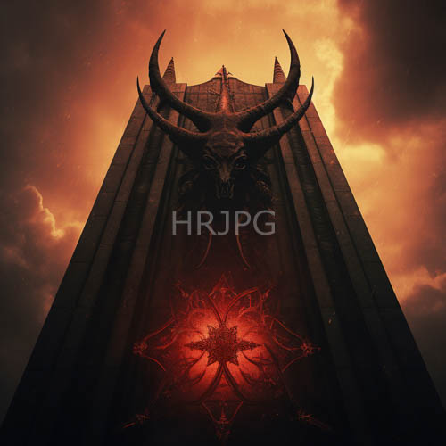 towering demonic structure with glowing red pentagram casts ominous shadow on dark masonry
