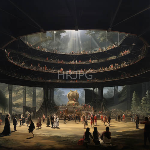 roman amphitheater spectators in colorful robes amidst classical architecture