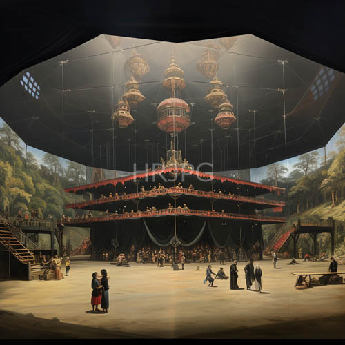 classical amphitheater stages house ornate golden urns under period lighting
