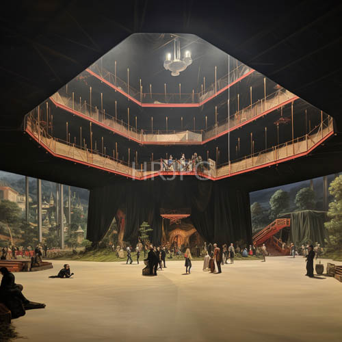 multitiered theater with ornate balconies and redtrimmed railings in formal attire