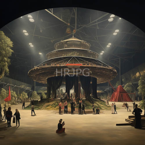 High Resolution: Circular metallic structures contrast against Victorian era dresses inside halls download. | HRJPG.com