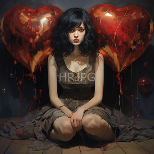pale skinned women sit on wooden floorboards with red objects in moody background