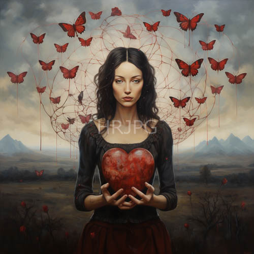ethereal women clutch red heartshaped objects amidst fluttering butterflies on a vast cloudcovered mountain backdrop