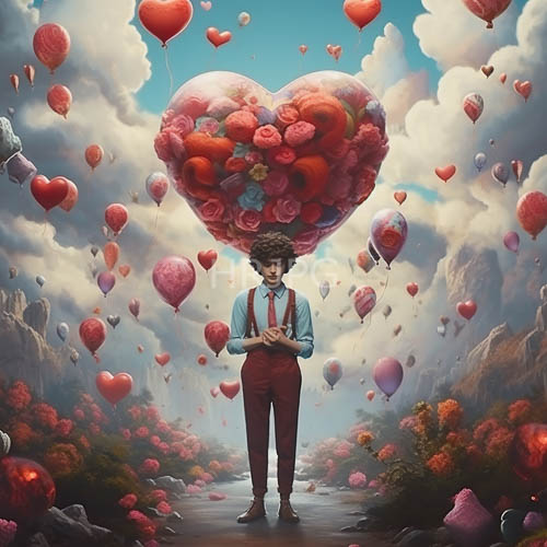 childrens curly hair suspenders wander through mountainous cloudy skies with heartshaped balloons
