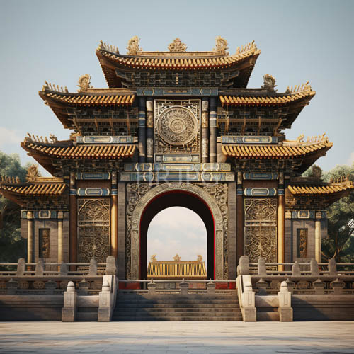 traditional chinese gate architecture with gold and blue carvings under clear daylight