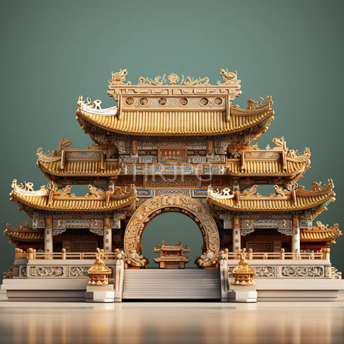 ancient chinese temple gates showcase ornate roofing tiers and central arched entrances in teallit atmosphere