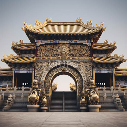 chinese temple gate ornate golden symmetrical designs three tiers roofs adorned gold tiles intricate carvings dragon statues guard entrance