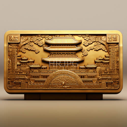 chinese pagodas and buildings in raised relief on gold bar canvas