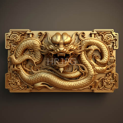 sharp metal scales define carved dragon head reliefs on gray panels