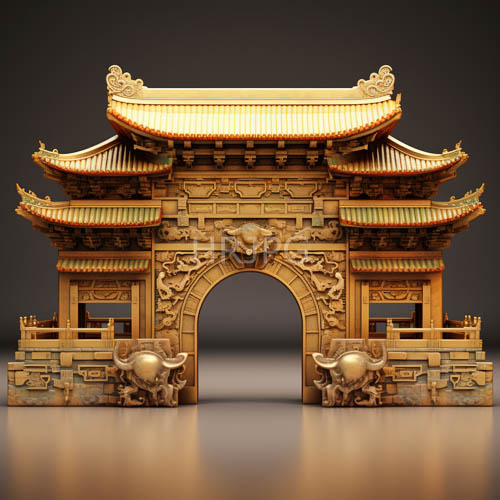 symmetrical dragon heads decorate a carved golden archway gate structure