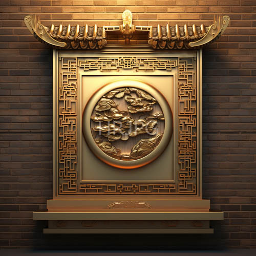 relief carvings in polished gold emerge from ancient brick wall textures
