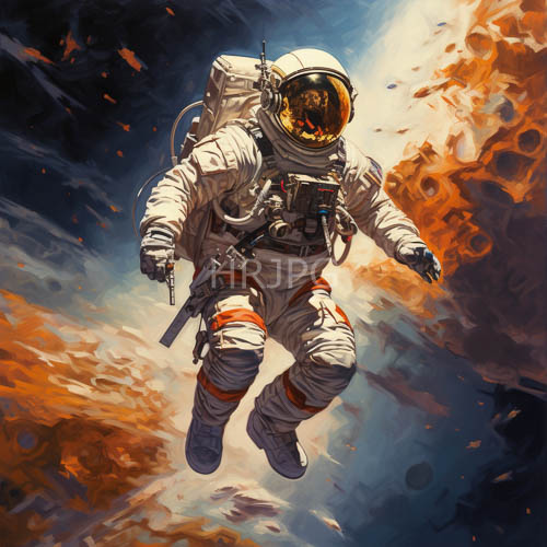 orange spacesuits hold metallic guns inside swirling turbulent cosmic dust clouds