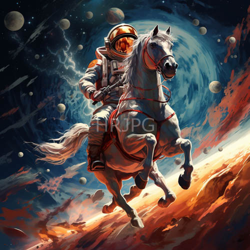 red fabric drapes across a horse galloping through starry cosmic clouds
