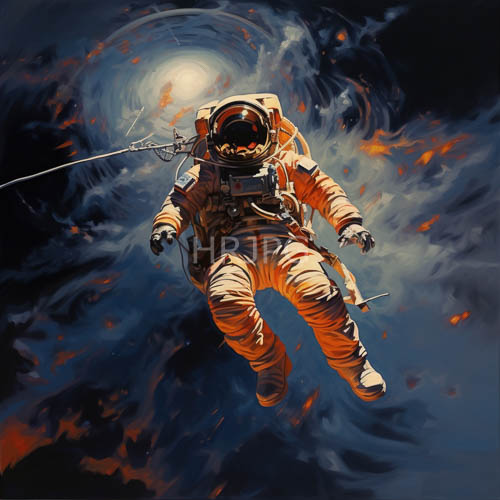 High Resolution: Orange light beams illuminate drifting astronaut suits in dark blue space download. | HRJPG.com