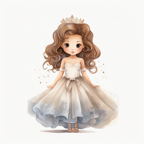 chibi princess in delicate floral patterns and whimsical crown at sunlit garden edges