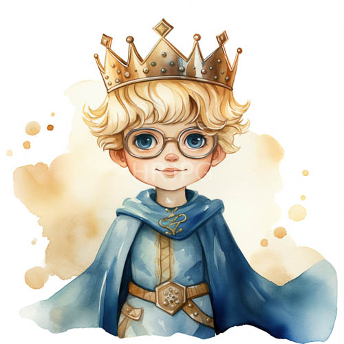 curly blonde hair prince amidst faded watercolor landscape with royal blue cape