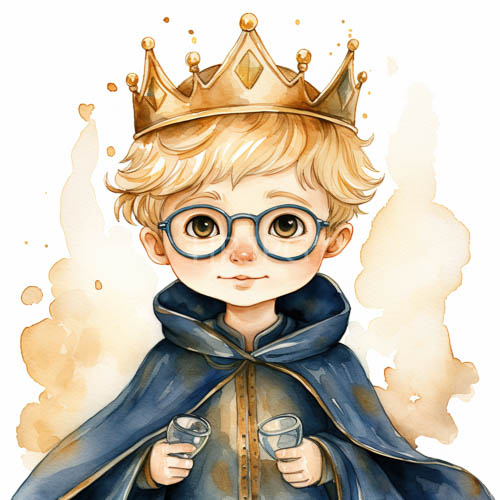 royal prince holds cups in whimsical watercolor drawing of small kingdom