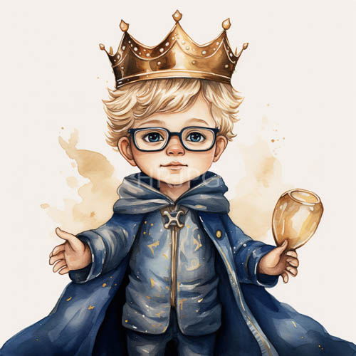 young boy in blue royal attire with intricate gold star patterns on cloak and golden crown