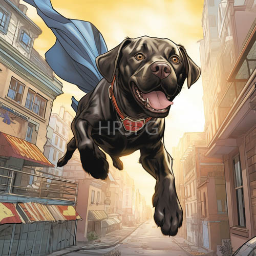 black labrador soars through colorful urban landscape with vibrant cape and cobblestone street