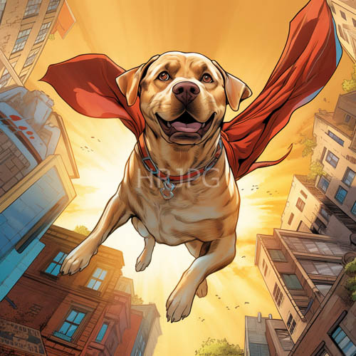 yellow labrador retriever soars above city buildings at sunset with birds in flight