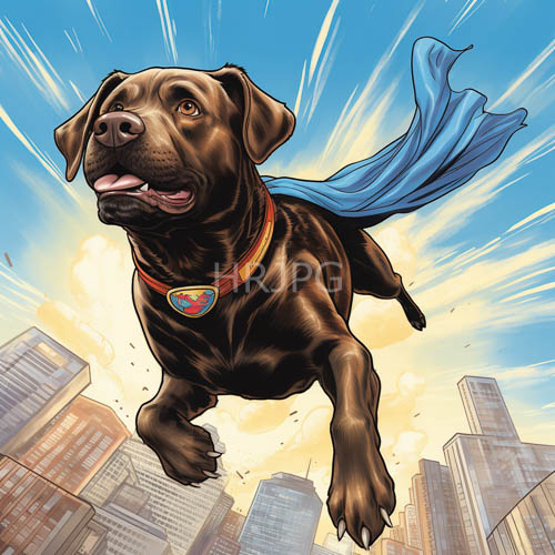 High Resolution: Anthropomorphic Brown Dog in Motion Above Urban Skyscrapers Under LightBlue Sky download. | HRJPG.com