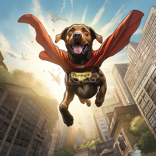brown dog in red cape flies through sunlit cityscape with flaroh emblem and birds in flight