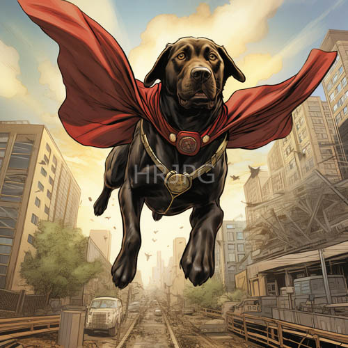 High Resolution: Flying Canine Titan Dominates Urban Cityscape with Red Cape and Collar at Sunset download. | HRJPG.com