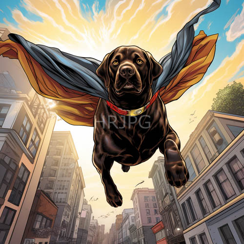 anthropomorphic labrador soars through urban canyons amidst sunsets fading light