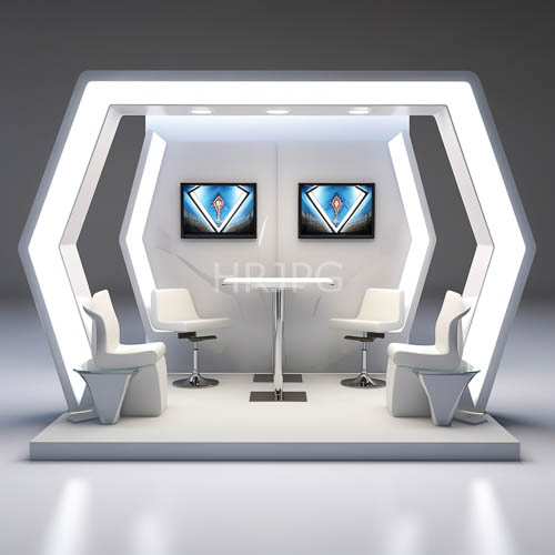 minimalist booth design with hexagonal white led frame structure and diamondpatterned art