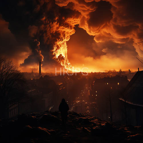 industrial devastation unfolds against fiery orangered skyline of collapsing metropolis