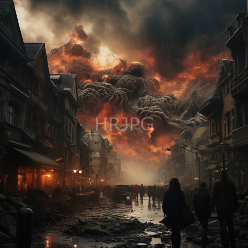 apocalyptic street with people in silhouette amidst orangered clouds and smoke filled ruins
