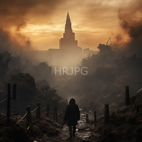 silhouetted ruins surround central pathway amidst foggy pyramidal structures at sunset