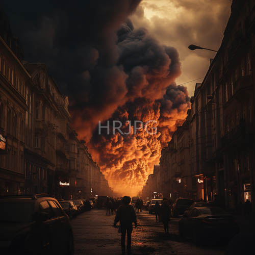 orange and black smoke clouds envelop urban buildings in city street at dusk chaos