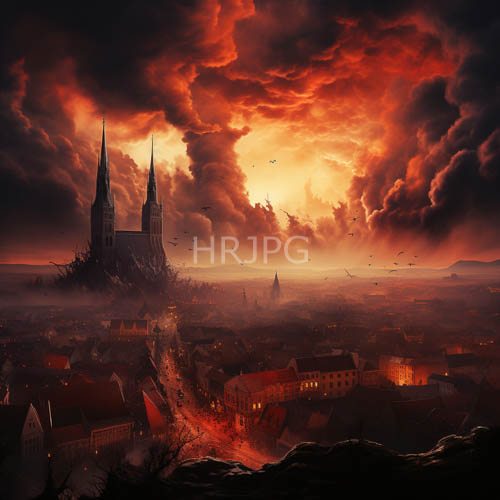 apocalyptic village architecture shrouded in foreboding orange and red cloud formations at sunset