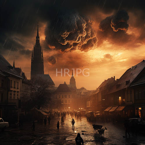 medieval town square cobblestones glisten at sunset amidst dramatic dark clouds and orange sky