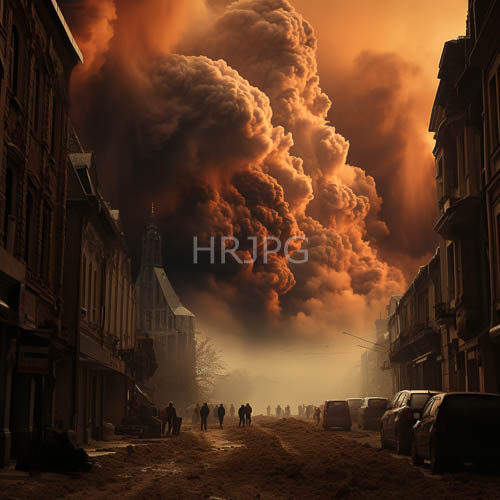 orange red smoke plumes engulf victorian brick buildings along muddy streets