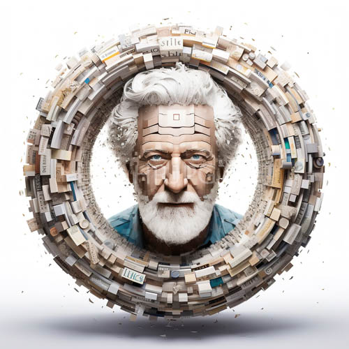 High Resolution: Scattered paper book pages circle an elderly man on plain backgrounds download. | HRJPG.com