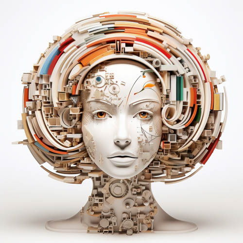 winding metallic cylinders enclose frozen facial contours inside futuristic rooms