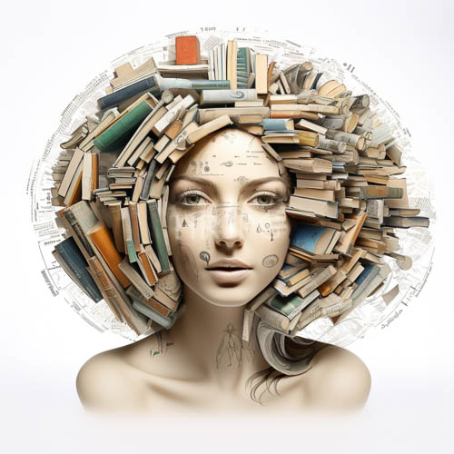High Resolution: Stacked colorful books balance atop an ethereal headpiece under ambient lights download. | HRJPG.com