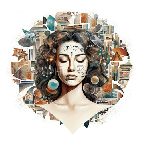 geometric line patterns and celestial symbols cover fair skin against darkness