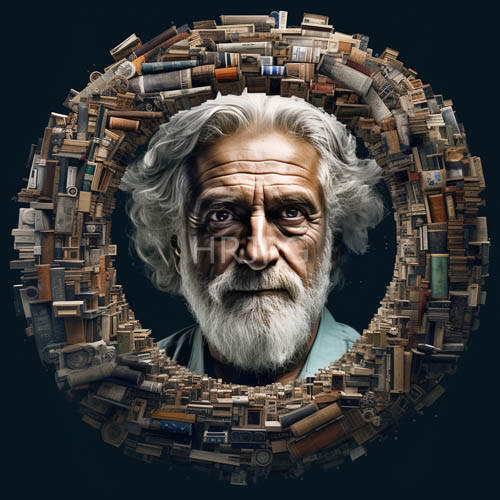orbital book stacks rotate around an elderly scholar in deep shadows