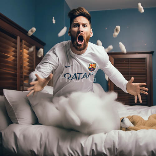 feathers converge on a bearded man in a bedroom with wooden shutters
