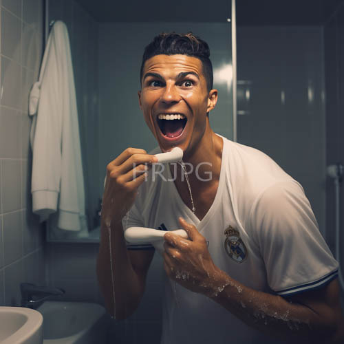 young latino man brushes teeth with vigor in morning bathroom setting with athletic enthusiasm