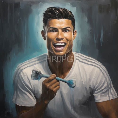 young man exhaling fresh morning energy with blue toothbrushes in grayblue urban setting