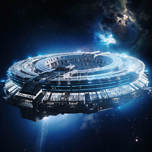 cosmic space station majestic floating structure illuminated by cool blue lights in outer space