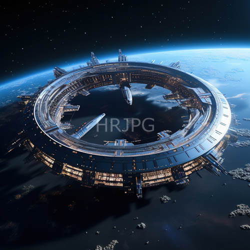 circular space stations orbit earth with exterior structure illuminated by bright lights
