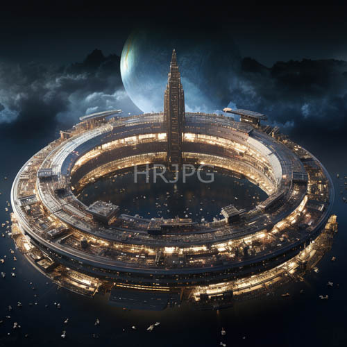 floating metropolis reflected on waters surface amidst cosmic moonlit atmosphere