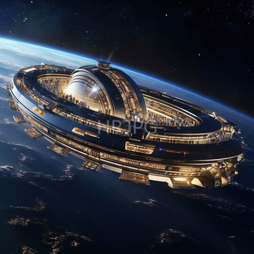 orbiting space stations embodying urbanization and infinite galactic expansion through yellow illumination